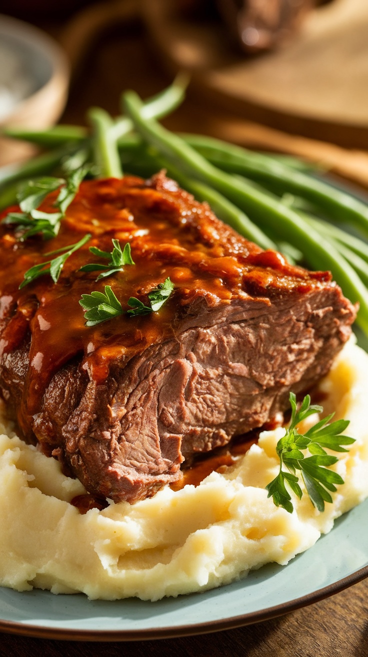 Tender beef short ribs served over mashed potatoes with green beans on the side.